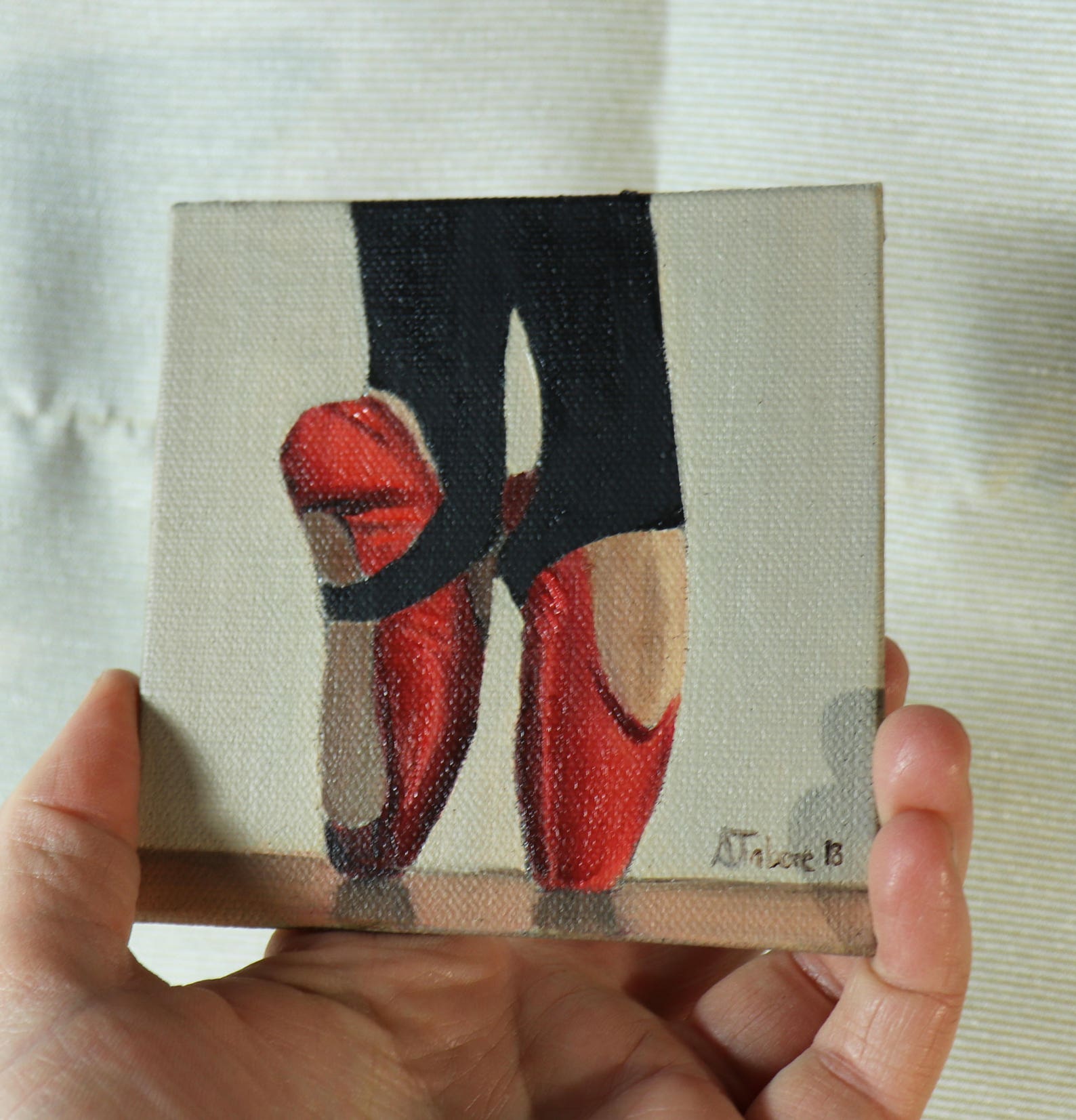 red ballet shoes painting, miniature, wall art, ballet original not print, by uk artist alex jabore