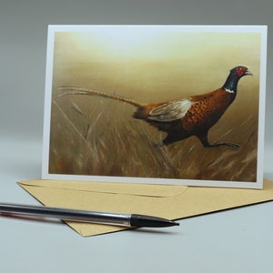 Faisán corriendo Pintura tarjeta de felicitación en blanco, Aves de caza y caza, Paisaje de páramos, Artista Jabore