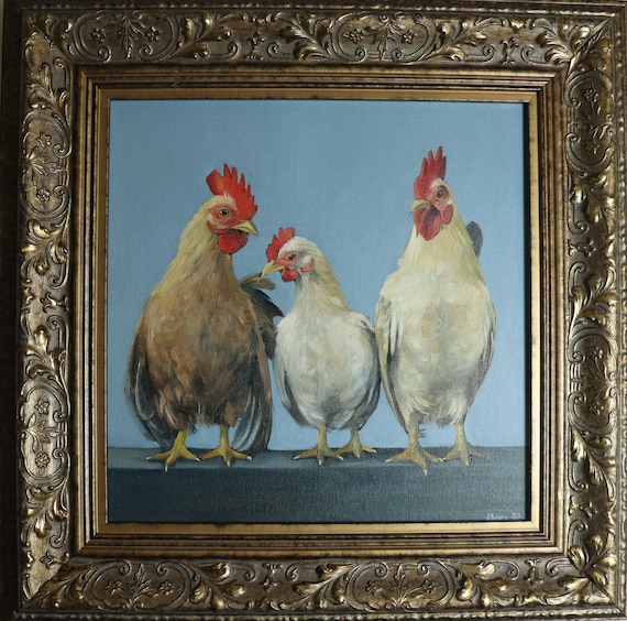 Chickens In A Row Animal Painting Bird Artwork Framed Art Etsy