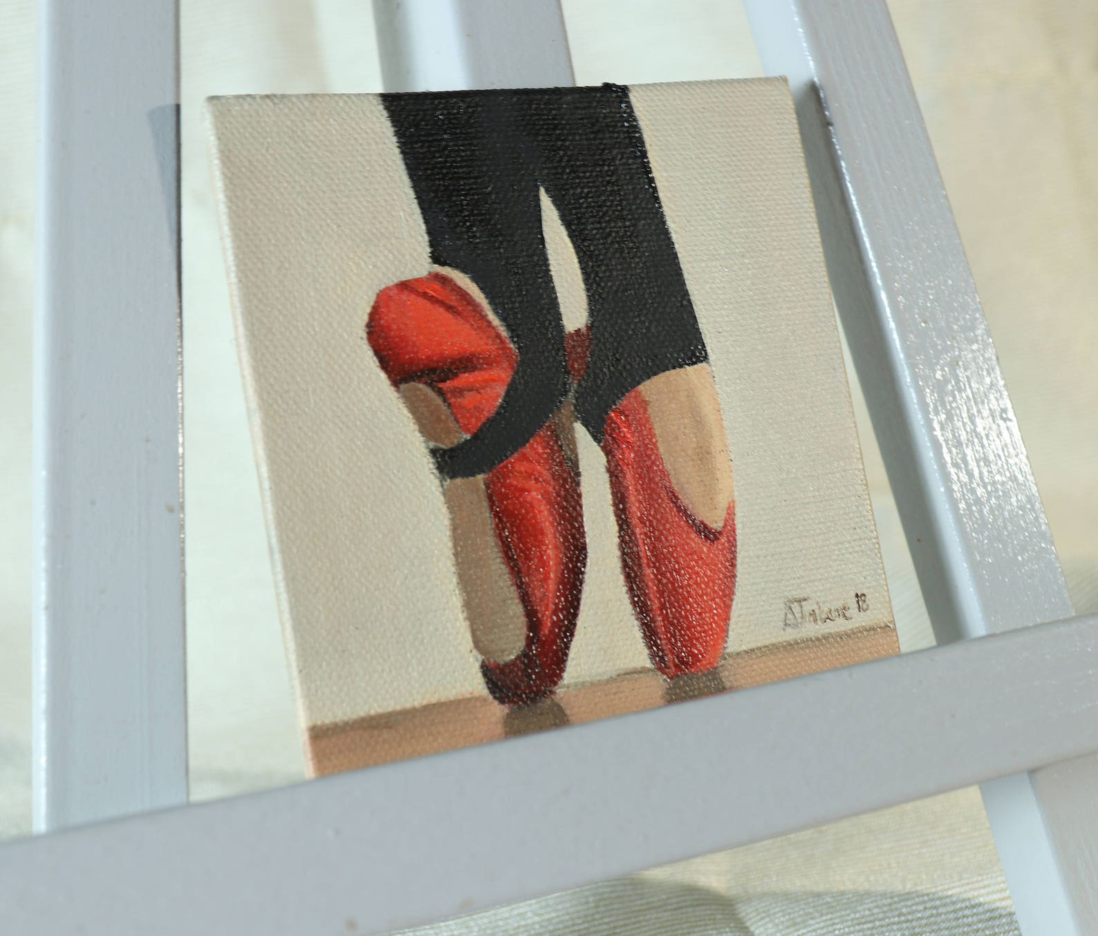 red ballet shoes painting, miniature, wall art, ballet original not print, by uk artist alex jabore