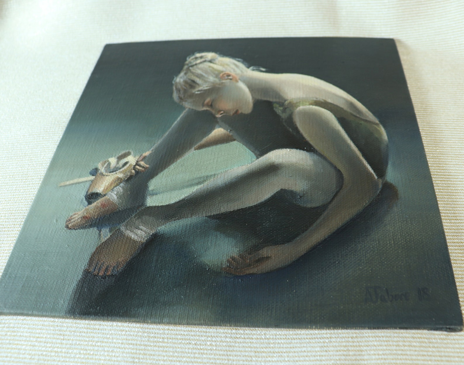 days end, exhausted ballerina, young dancer painting. ballet artwork, not print, original art by alex jabore
