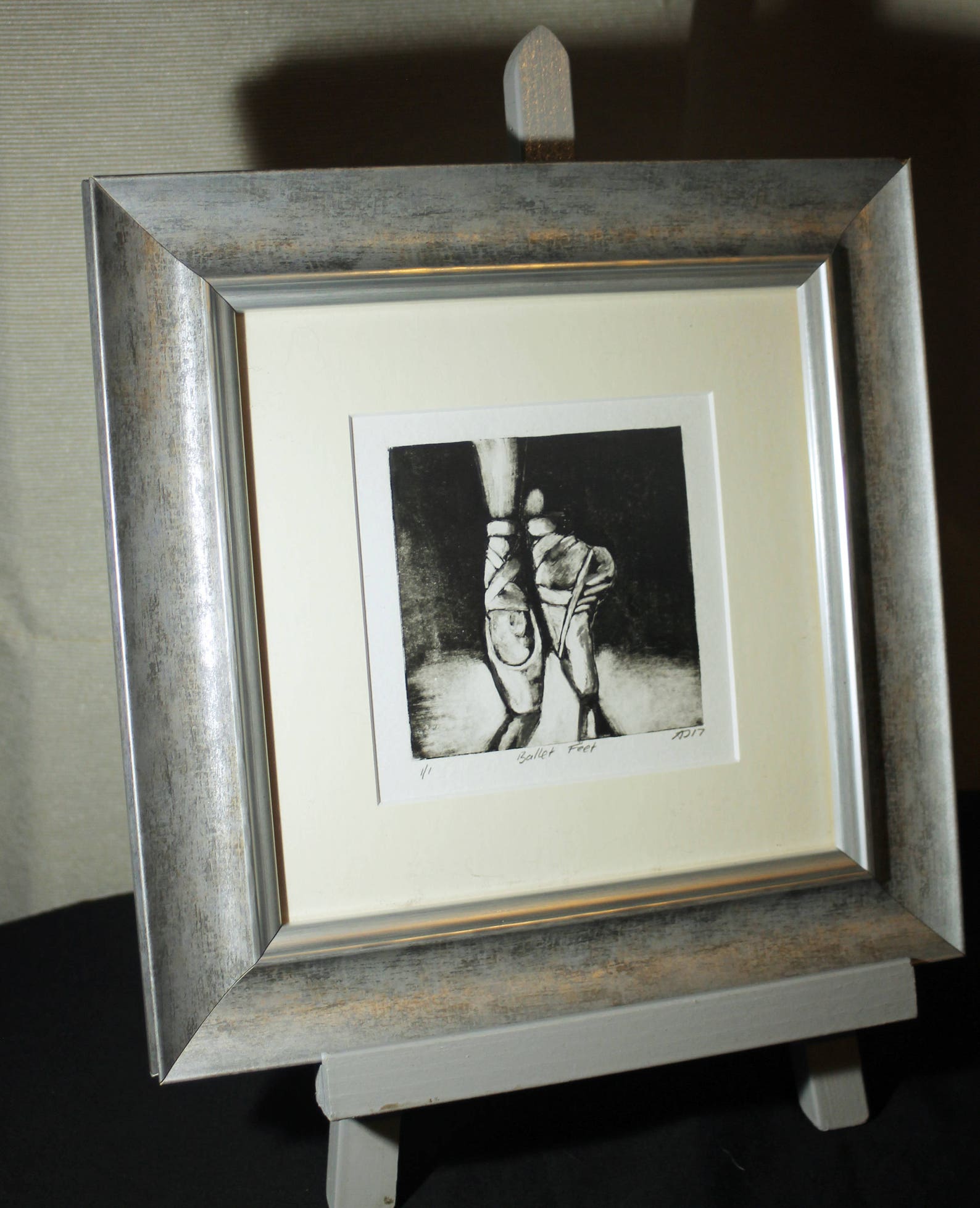 ballet shoes monotype, framed print, framed ballerina artwork, wall art decor, by gb artist alex jabore