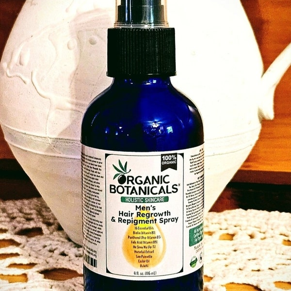 100% Organic Natural Men's Hair Regrowth & Repigment Spray, Glass Bottle w Trigger Sprayer, 4 oz.