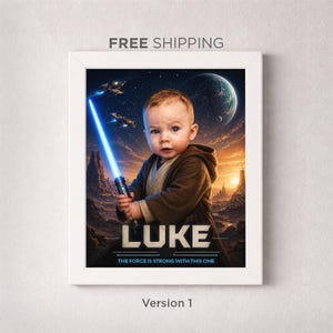 Personalisierte Jedi Baby Portrait | Benutzerdefinierte Kinderfotorahmen | Raum Krieger Galaxie Kunst | Sci-Fi Kinderzimmer Dekor | Geburtstag Namen Geschenk