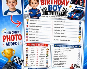 Gioco di compleanno personalizzato a tema auto da corsa, Chi conosce meglio il festeggiato, Attività per feste a tema corse, Gioco stampabile per feste di compleanno per bambini