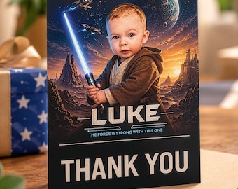 Gepersonaliseerde Jedi-fotobedankkaartjes: Bedrukte kaartjes met foto van baby, peuter of kind (5x7 inch) (20 stuks)