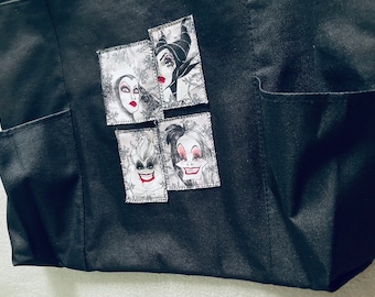 Upcycled - Black tote bag with outer pockets and Disney Villains patches