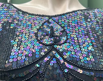 Black Sequinned Irredescent  1980s Evening / Disco Top S-L