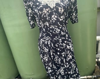 1980s black white s Secretary dress with lace With TagS