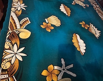 Vintage blue Polynesian style barkcloth LARGE table runner, shell print