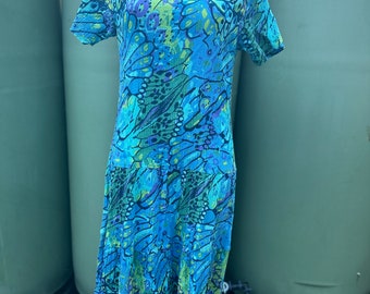 1980s blue M cotton drop waist abstract print dress