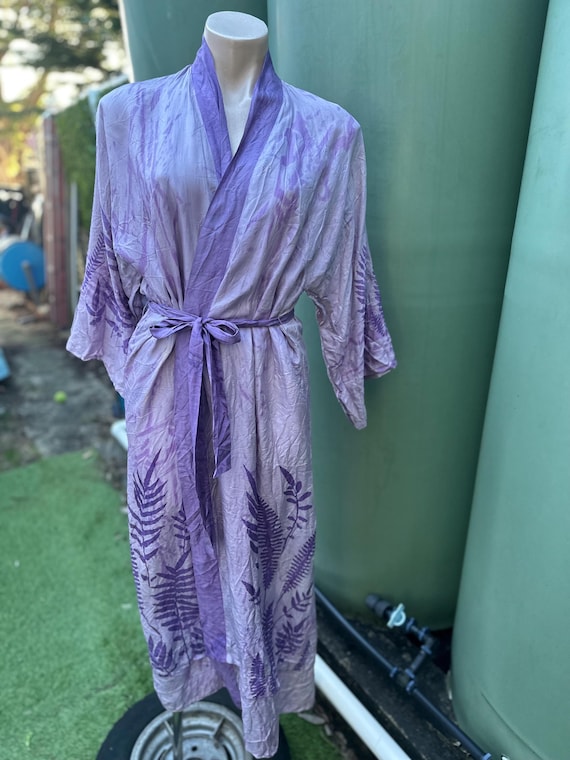 Vintage hand made S plant printed , hand dyed long  lilac purple pure silk Kimono