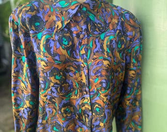 Doncaster Vintage 1980's Quality silk twill M abstract arty multicolour eclectic print blouse