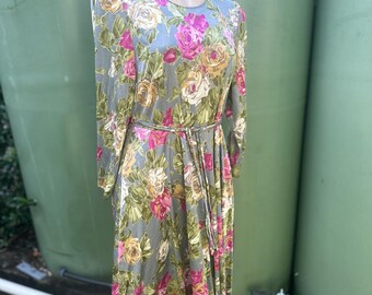 1980s Grey & Floral midi Jersey dress , Made in Japan