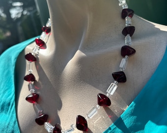 Striking and Beautiful Red and clear glass necklace