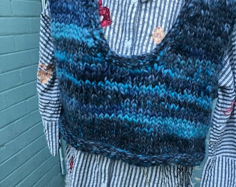 Hand knitted blue ombré L cropped wool/ Alpaca chunky vest NEW