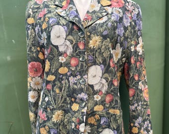 Adele Palmer Australian DEsigner 1980's LINEN Floral Nature strawberry butterfly print cottagecore Jacket