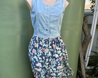 1980s vintage denim & floral shirt style dress S/M