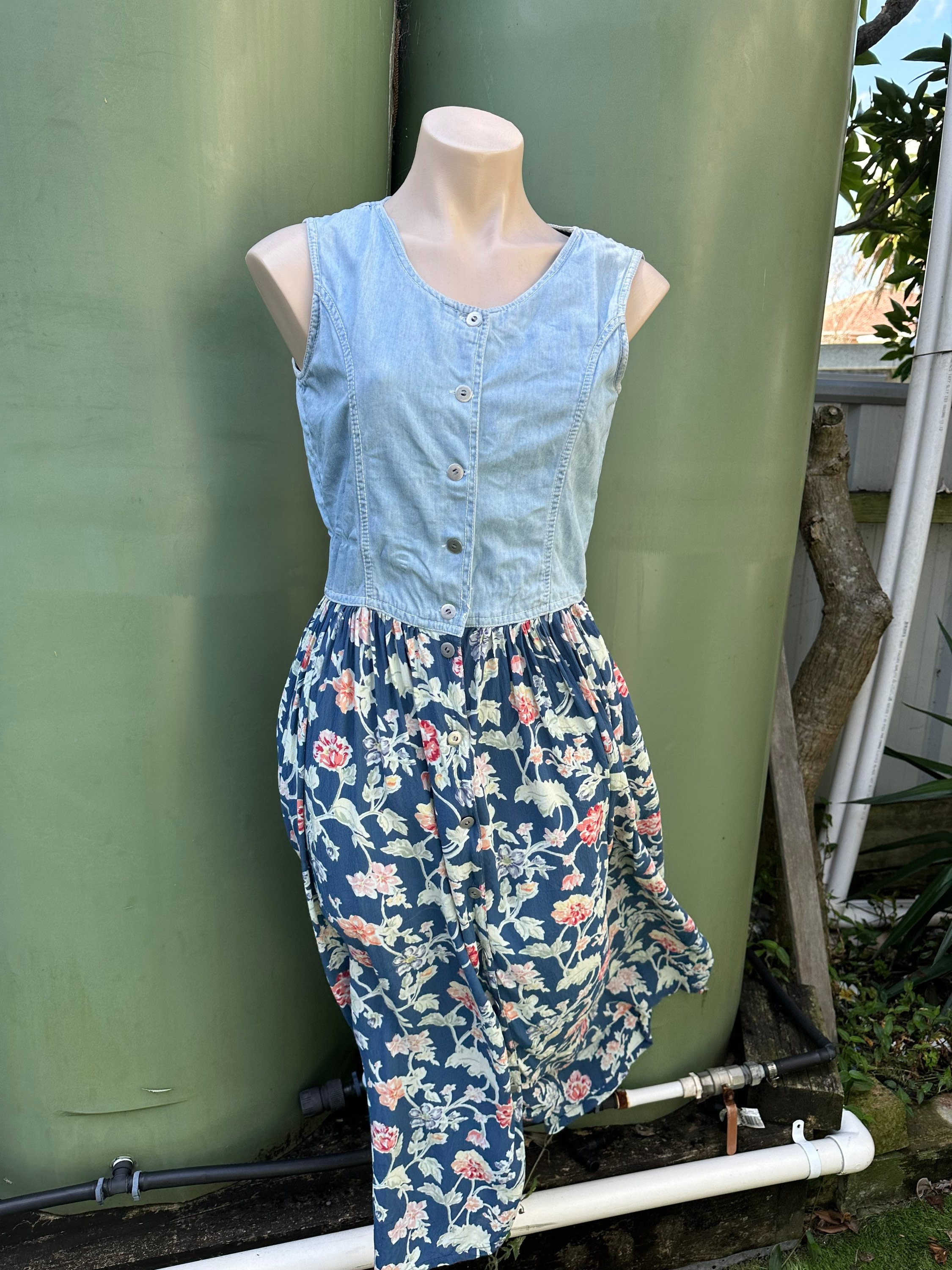 denim top floral bottom dress Floral Denim Button-Front Dress | Belted Ruffle Sleeve Women's Dress –  Trendy Chicks main image 0
