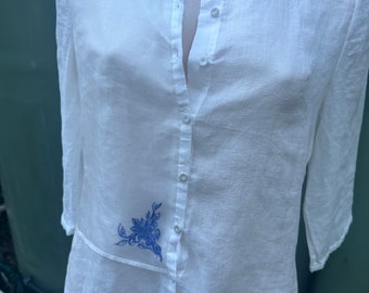 Chinese traditional white cotton & silk tunic S shirt with embroidery