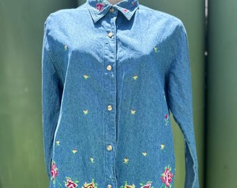Bill Blass 80s embroidered denim shirt XL Cottagecore Country