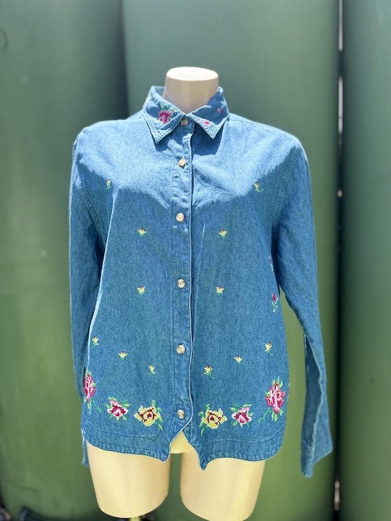 Bill Blass, Bill Blass 80s embroidered denim shirt XL Cottagecore Country
