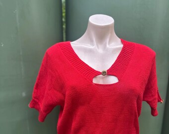Red Cotton hand knitted vintage Rockabilly short sleeve 1950s ‘pin up’ style sweater M