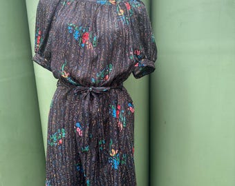 Norman Hartnell 1980s black floral tea dress