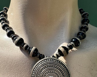 Tibetan Agate black /grey line Unique  vintage necklace