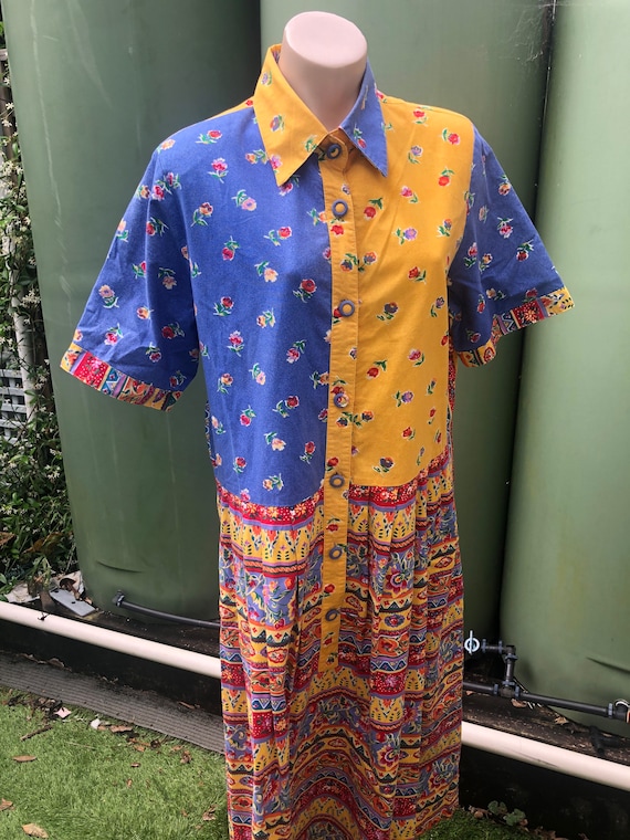 Annie Lantz 16 Australian Designer 1980s Colourful Floral Shirt Dress