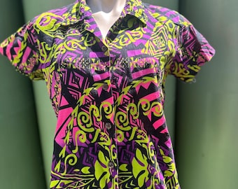 Polynesian Vintage M Colourful tribal Barkcloth Blouse