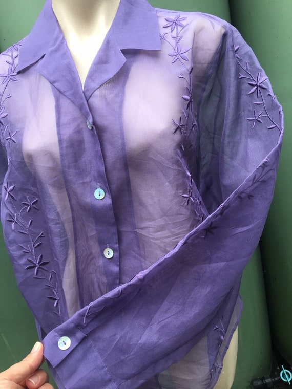 Lilac Vintage 1980's silk Organza XL sheer embroi