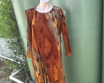 Abstract Arty print Autumnal coloured 1980s Plisse dress L