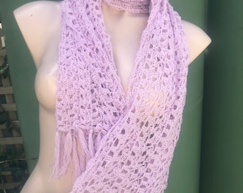 Hand Crocheted Lilac Mauve cotton scarf/ wrap with tassels