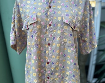 Vintage 1980s pretty L  beige & floral silk shirt