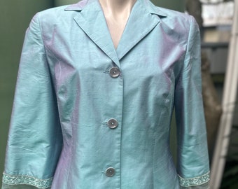 Anthea Crawford  1980s/90s S/M Raw silk Anthea Crawford blue turquoise Jacket