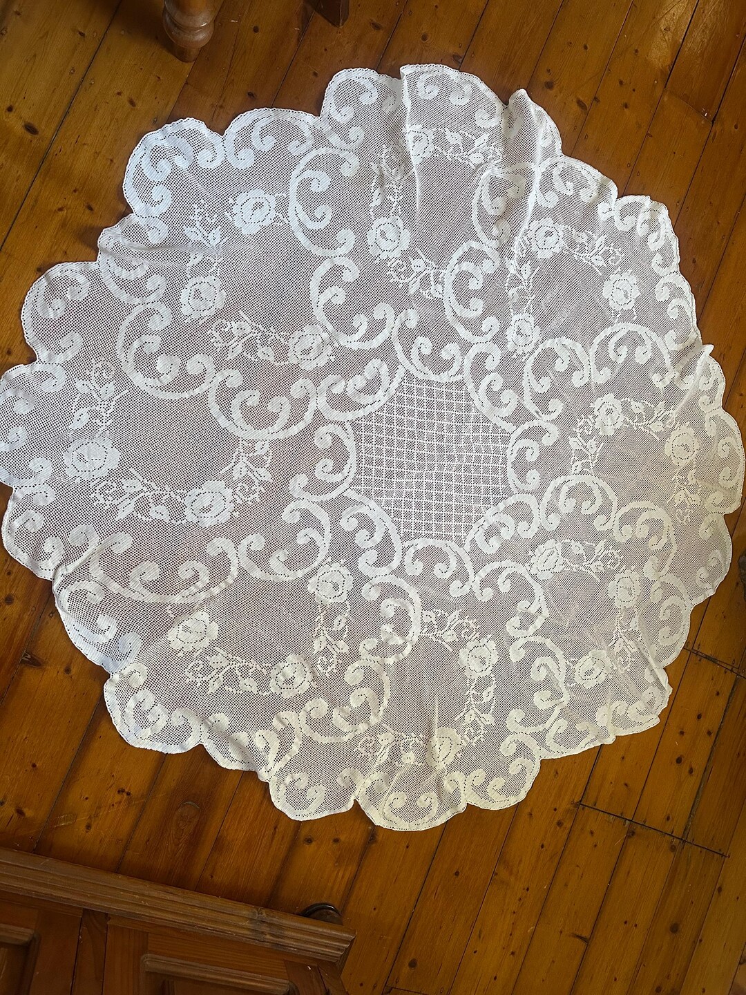 Antique White Circular Filet Crochet Tablecloth - Etsy