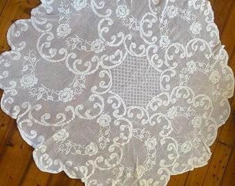 Antique white Circular Filet  crochet tablecloth