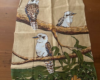 Kookaburras Australia unused vintage linen tea towel