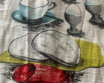 Vintage Food & drink Barkcloth fabric woven 1950s kitchen decor themed