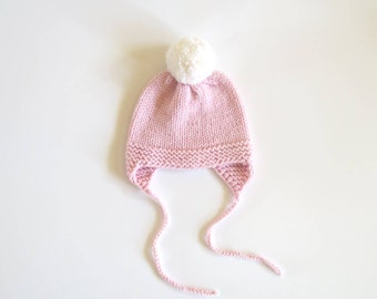Knitted merino wool baby girl hat, knitted newborn baby hat, hand knitted baby beanie, hand knit toddler hat, toddler girl knit hat, pompom
