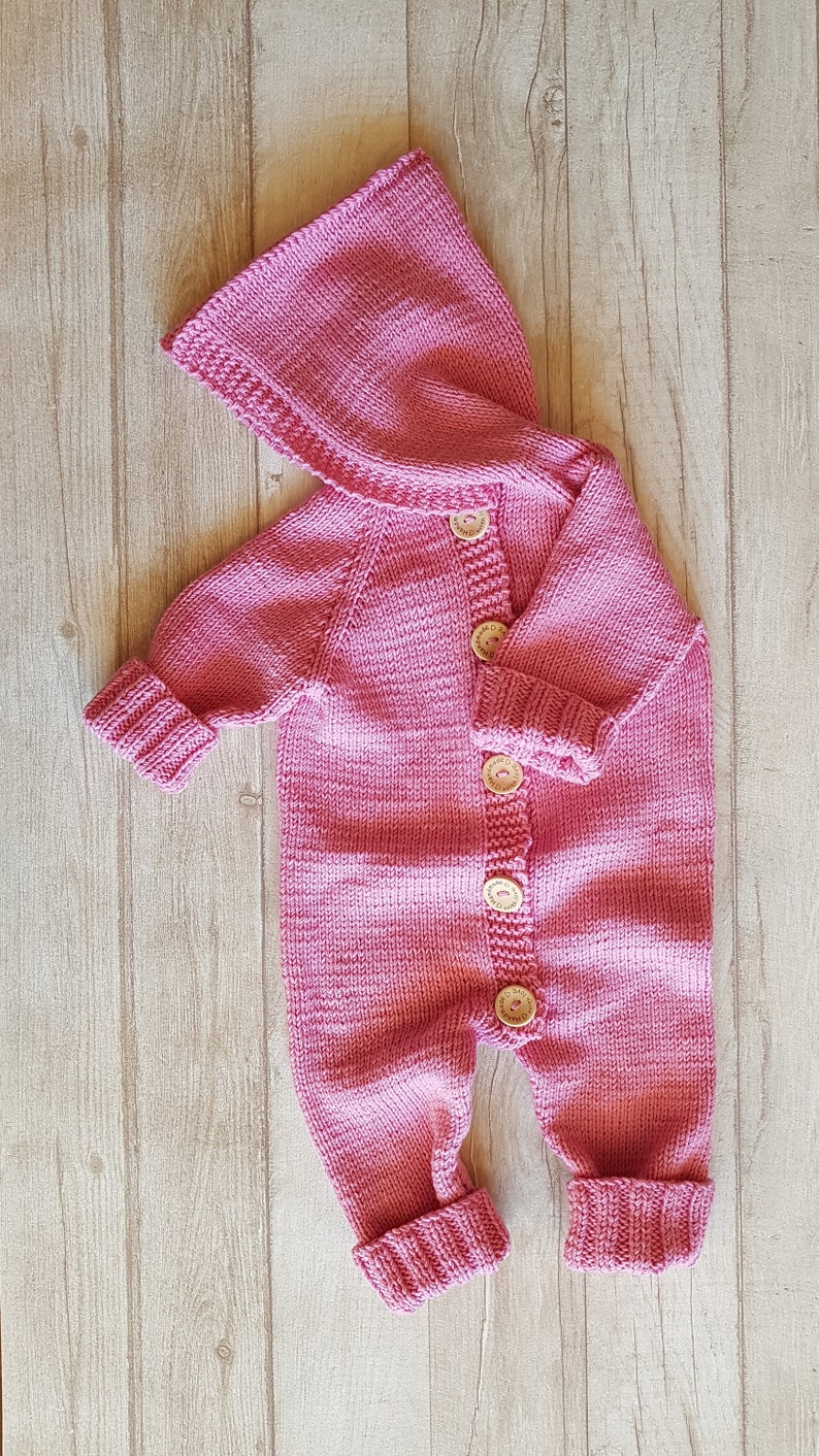 Hand knit baby overall romper handknit hooded baby overall knit merino wool baby romper hand knit newborn jumper pink babygirl jumper