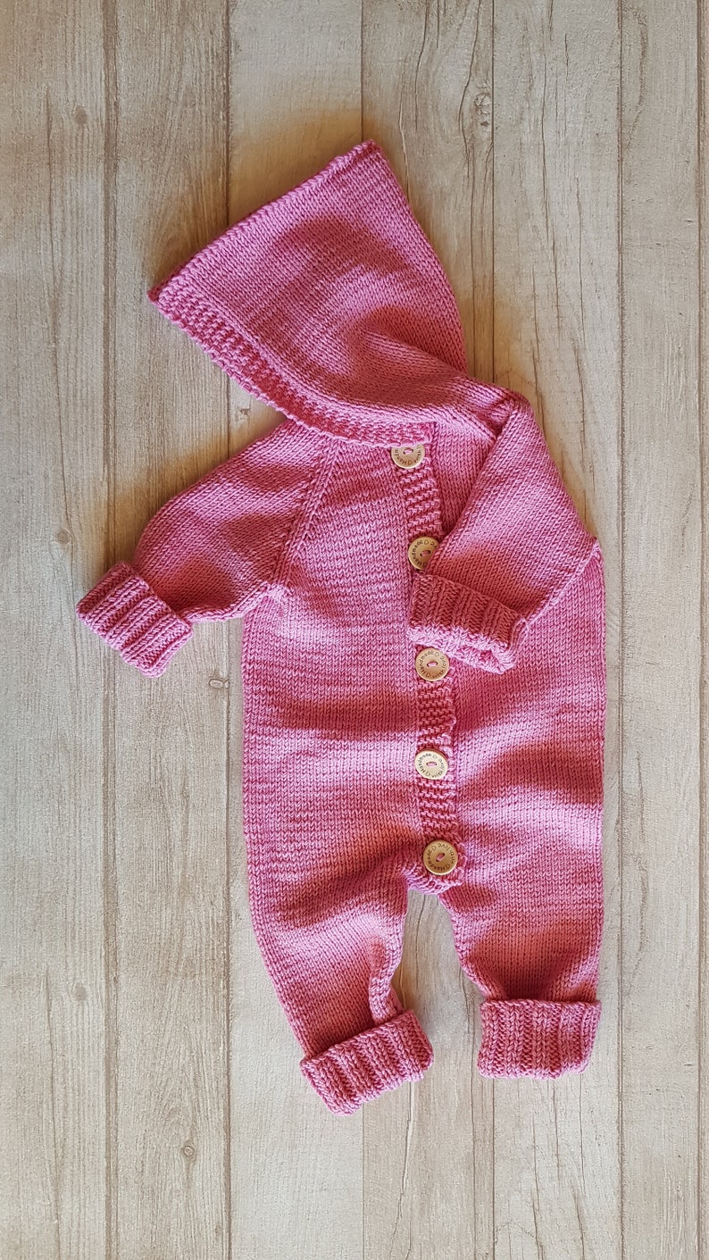 Hand knit baby overall romper handknit hooded baby overall knit merino wool baby romper hand knit newborn jumper pink babygirl jumper