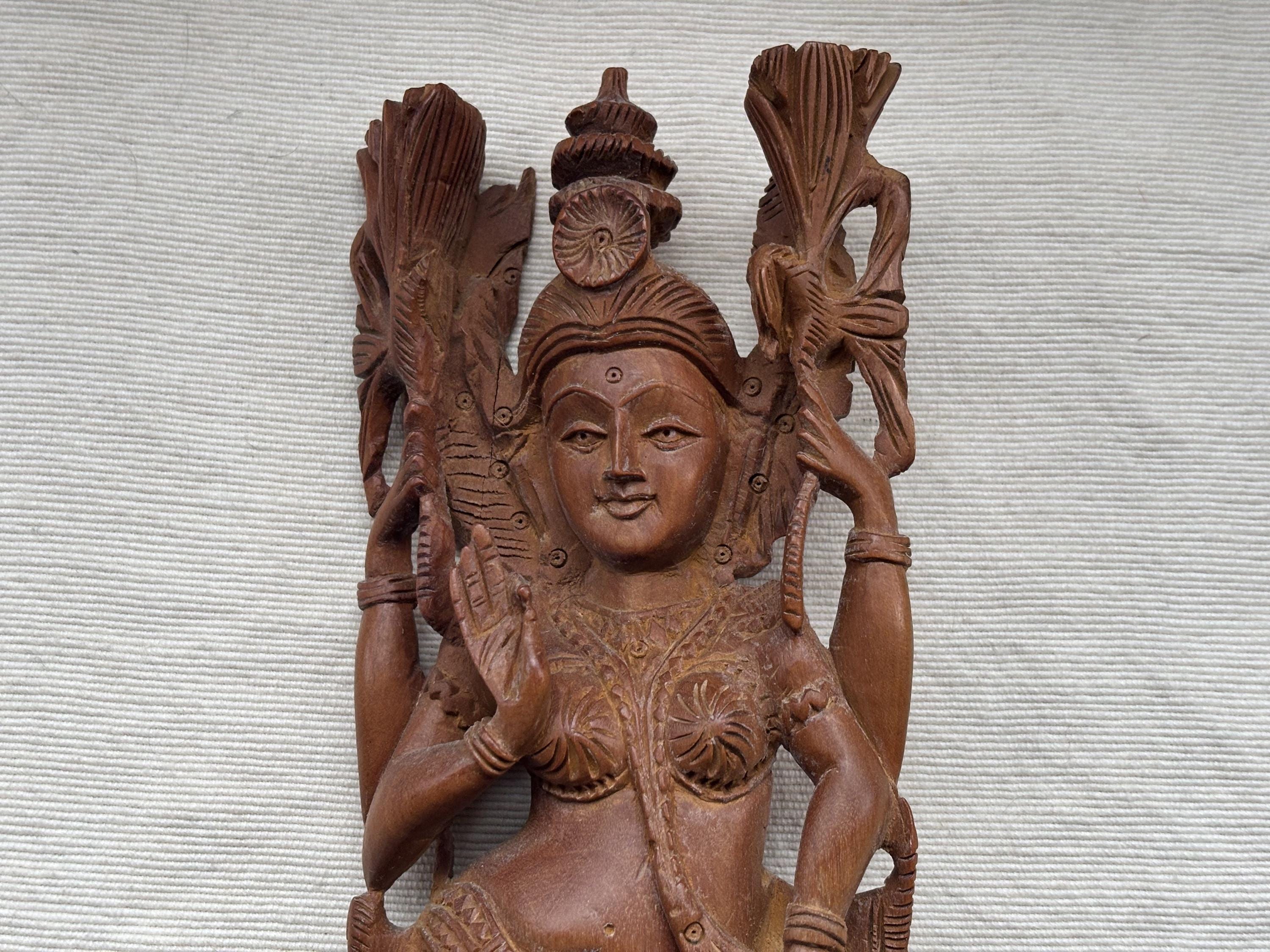 Antique Indian Sandalwood Carved Temple Goddess Statue