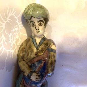 Antique Middle Eastern Pottery Painted Musician Statue