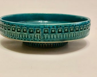 Midcentury Italian Aldo Bitossi Rimini Blue Glazed Ceramic Footed Bowl