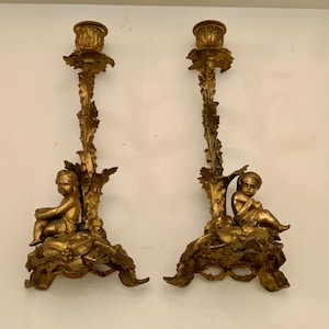 Antique French Bronze Gold Gilded Ormolu Figural Candlestick Pair