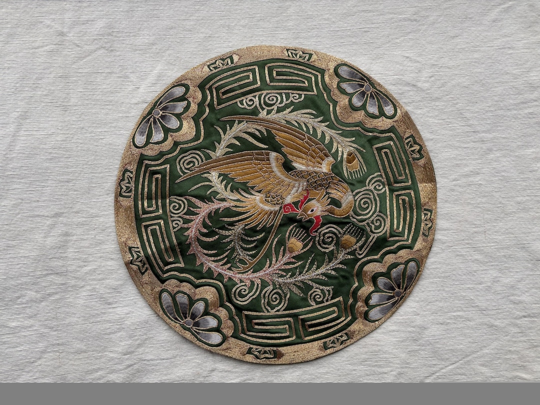 Antique Chinese Round Silk Gold Thread Embroidered Large Phoenix - Etsy