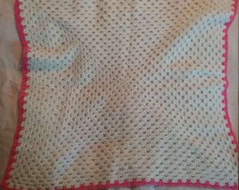 White Granny Square Blanket with a Pink Border