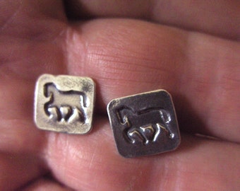 Sterling Silver Horse Stud Earings Horse Jewelry Square Earings Hand Made Oxidized Unique